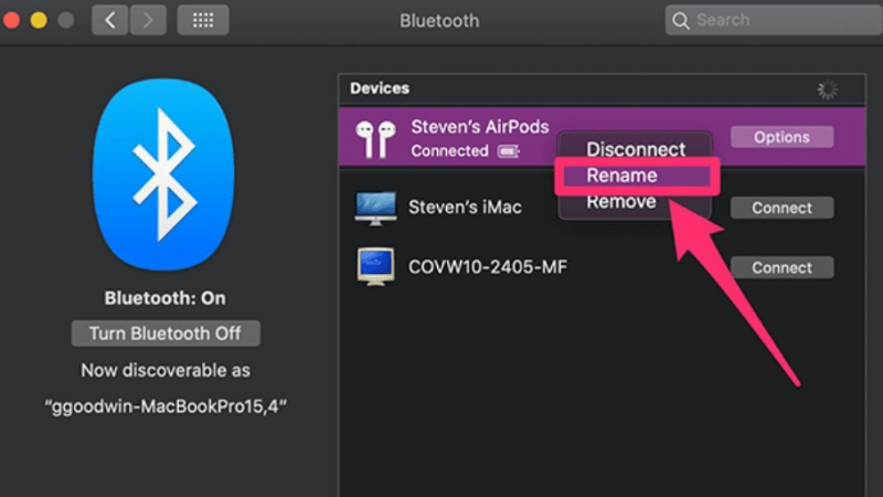 đổi tên airpods trên macbook